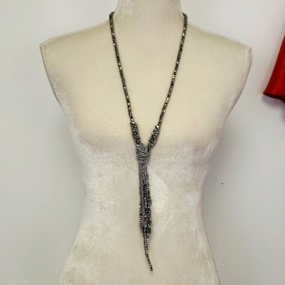 SILVER Color Beaded Tassel Necklace 22" EUC - Picture 1 of 5